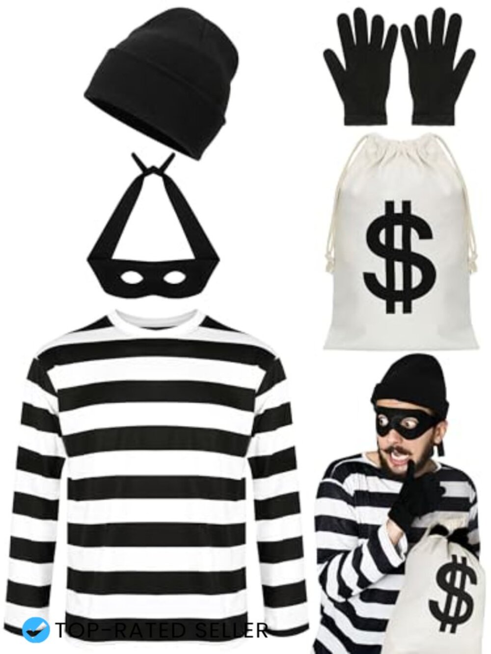 Robber Costume Set Stripe Shirt Beanie Cap Gloves Eye Mask Money Bag Halloween